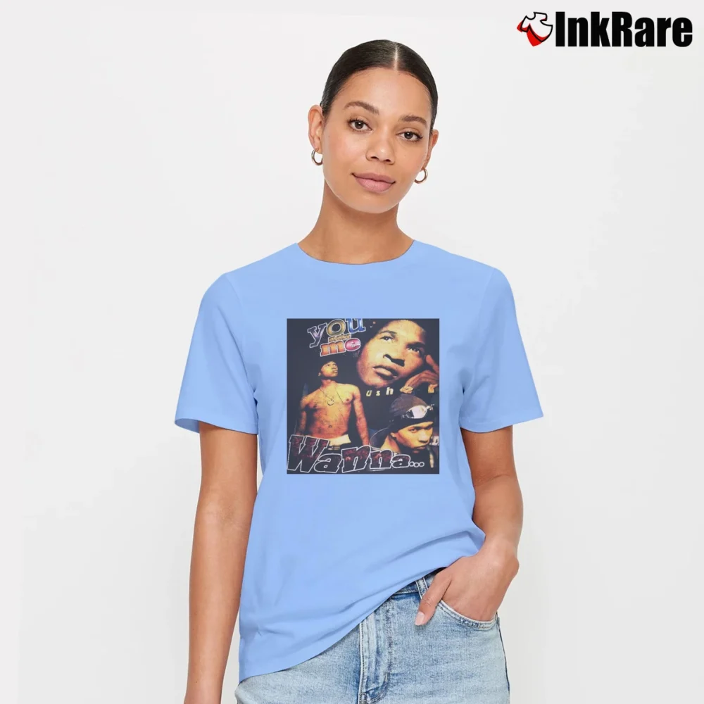 Women’s Usher 90s Rap Music Tribute Signature T-Shirt in light blue | Soft, Flattering Fit