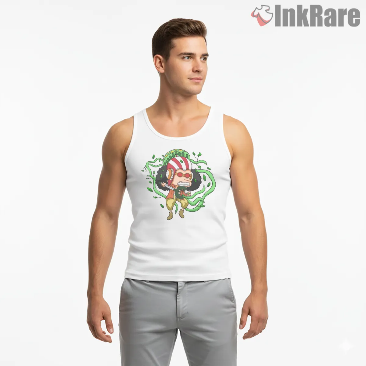 Usopp Chibi Brave Sniper Pirate Anime Shirt on white tank top for men graphic tee