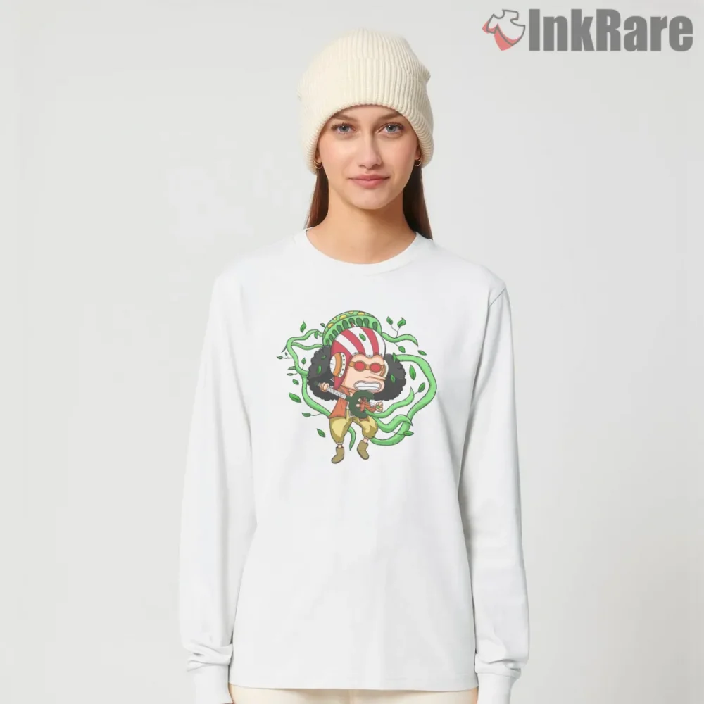 Usopp Chibi Brave Sniper Pirate Anime Shirt on white long sleeve shirt for women graphic tee