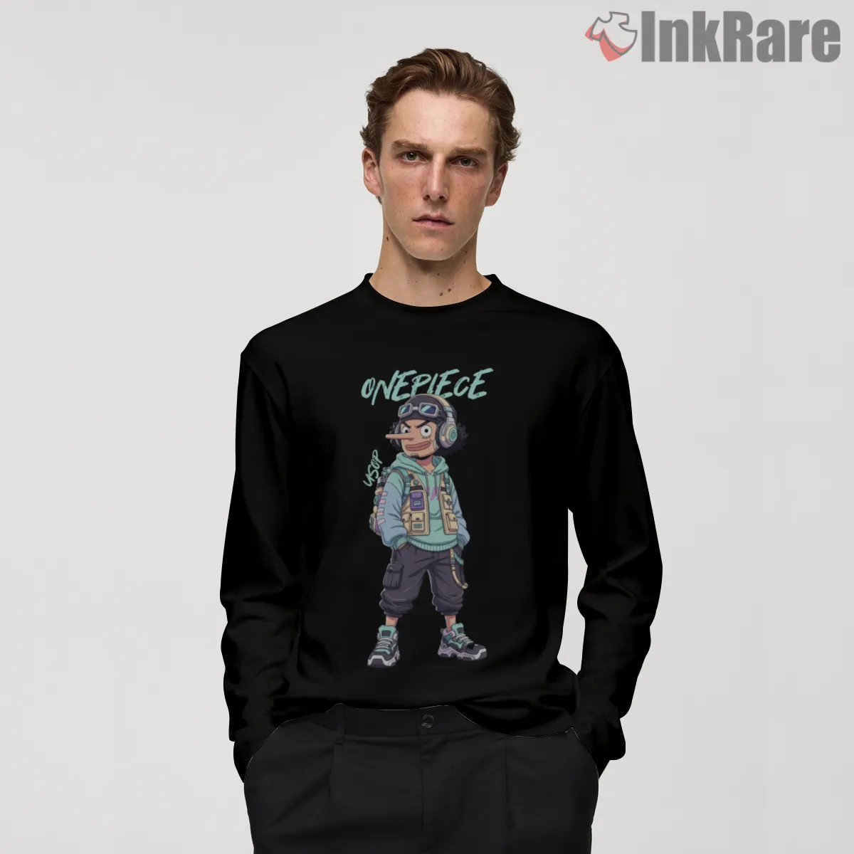 Usopp Cyberpunk Sniper Future Pirate Anime Long Sleeve Black Usopp Cyberpunk Sniper Future Pirate Anime Shirt on black long sleeve shirt for men graphic tee