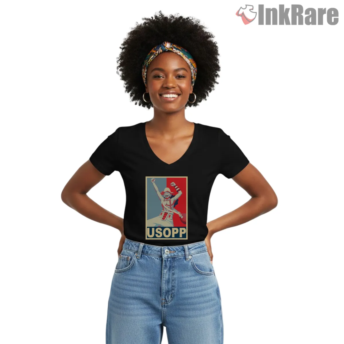 Usopp Hero Poster Sniper Legend Anime Shirt on black v-neck shirt for women graphic tee
