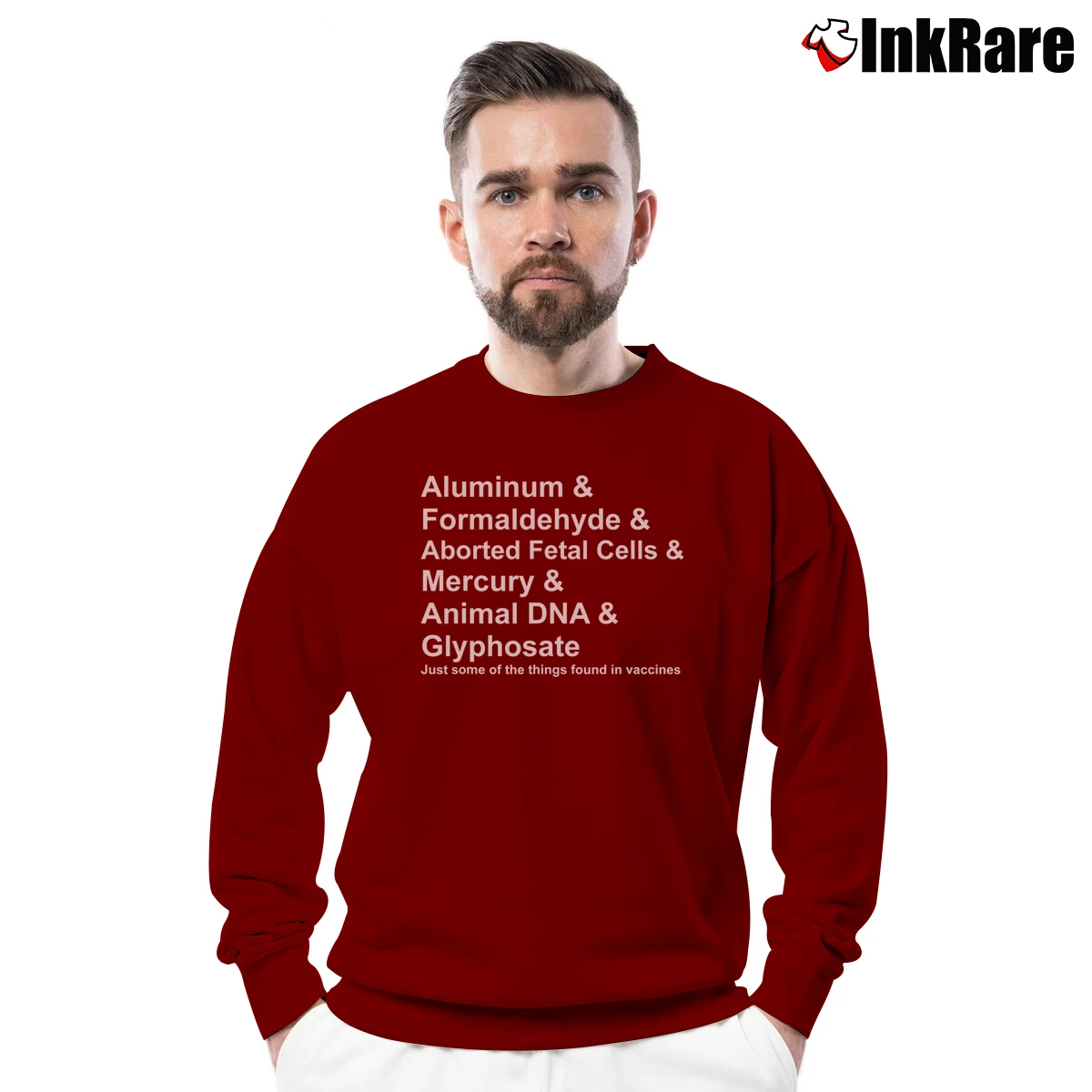 Men’s Vaccine Ingredients Antivax Statement Crewneck Sweatshirt in maroon | Cozy Fabric, Clean Style