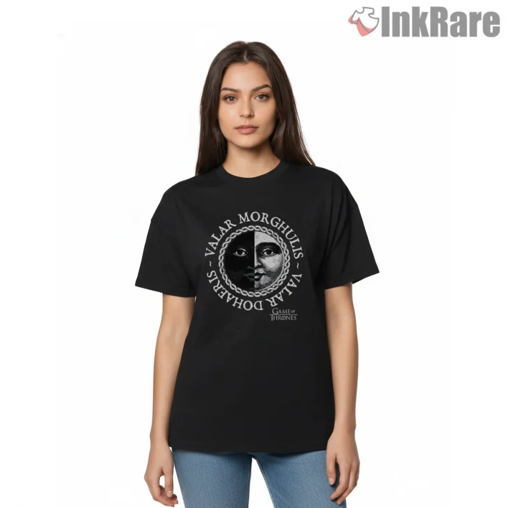 Valar Morghulis Faceless Man Coin Symbol Shirt on black short sleeve shirt for women graphic tee