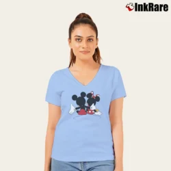 Women’s Valentine Mickey Minnie Matching Couple V-Neck Tee in light blue | Chic Neckline, Soft Texture