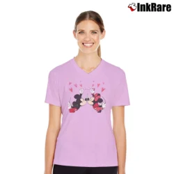 Women’s Valentine Mickey Minnie Matching Couple V-Neck Tee in light pink | Chic Neckline, Soft Texture