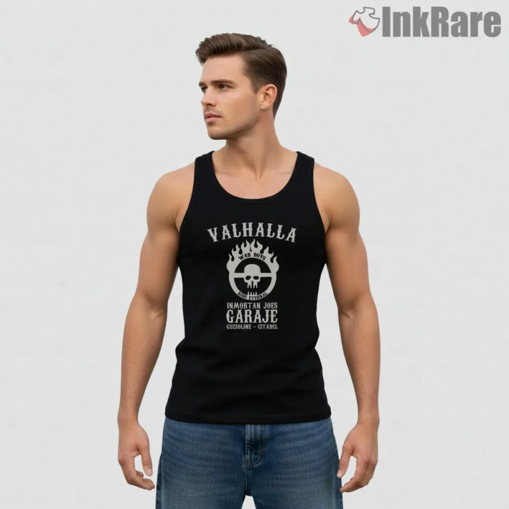 Valhalla War Boys Garage Citadel Wasteland Shirt on black tank top for men graphic tee