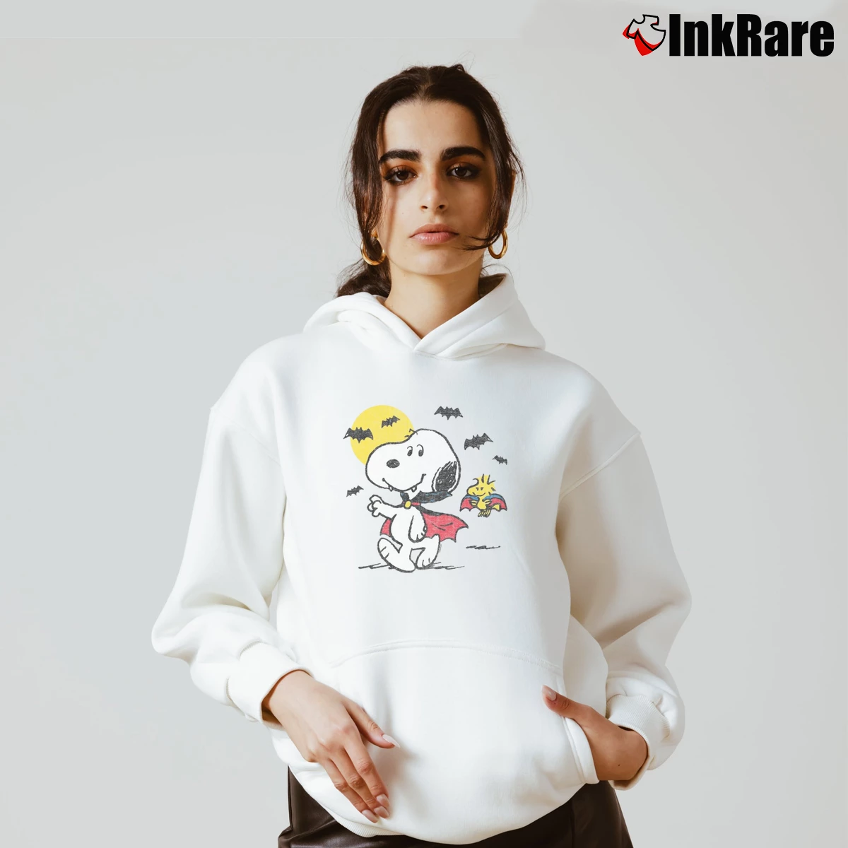 Vampire Snoopy Woodstock Women’s Cozy Hoodie in white – Urban Chic Women’s Vampire Snoopy Woodstock Cozy Hoodie in white | Warm, Structured, Stylish