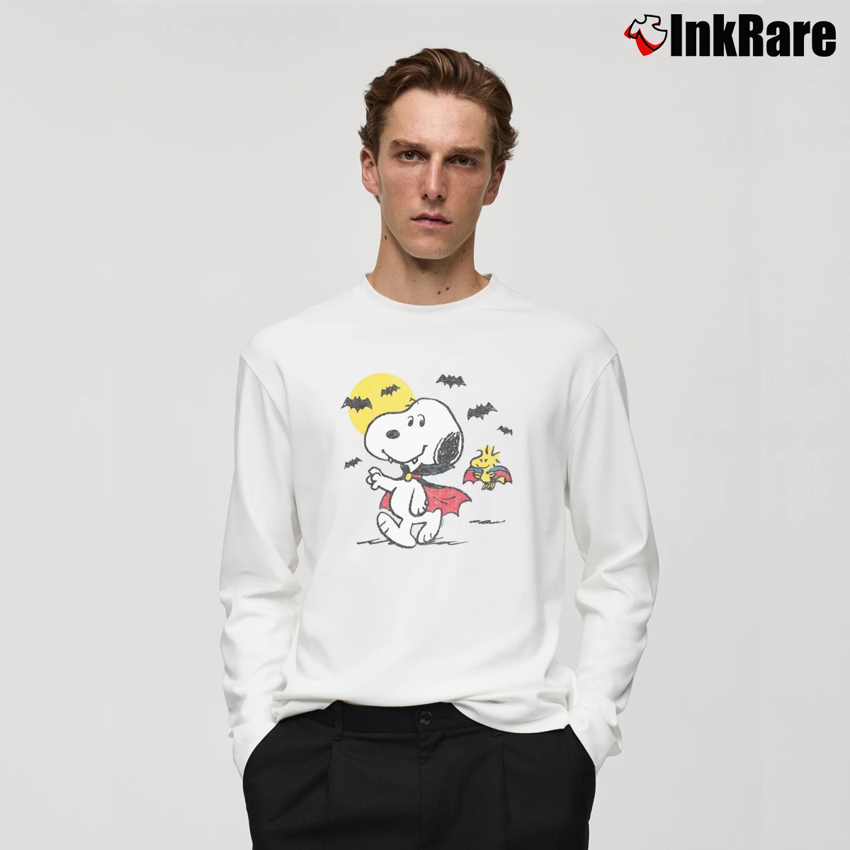 Vampire Snoopy Woodstock Men’s Long-Sleeve Tee in white – Versatile Layering Men’s Vampire Snoopy Woodstock Long-Sleeve Shirt in white | Sleek, Lightweight, Year-Round Wear