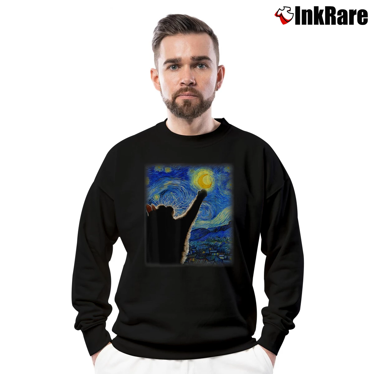 Men’s Van Gogh Starry Night Cat Crewneck Sweatshirt in black | Cozy Fabric, Clean Style