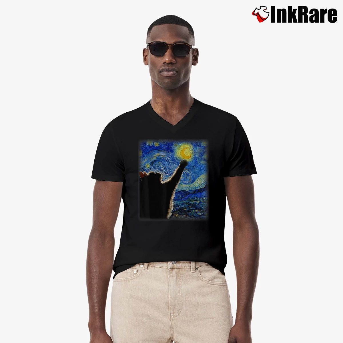 Men’s Van Gogh Starry Night Cat V-Neck Tee in black | Sharp, Breathable, Everyday Staple