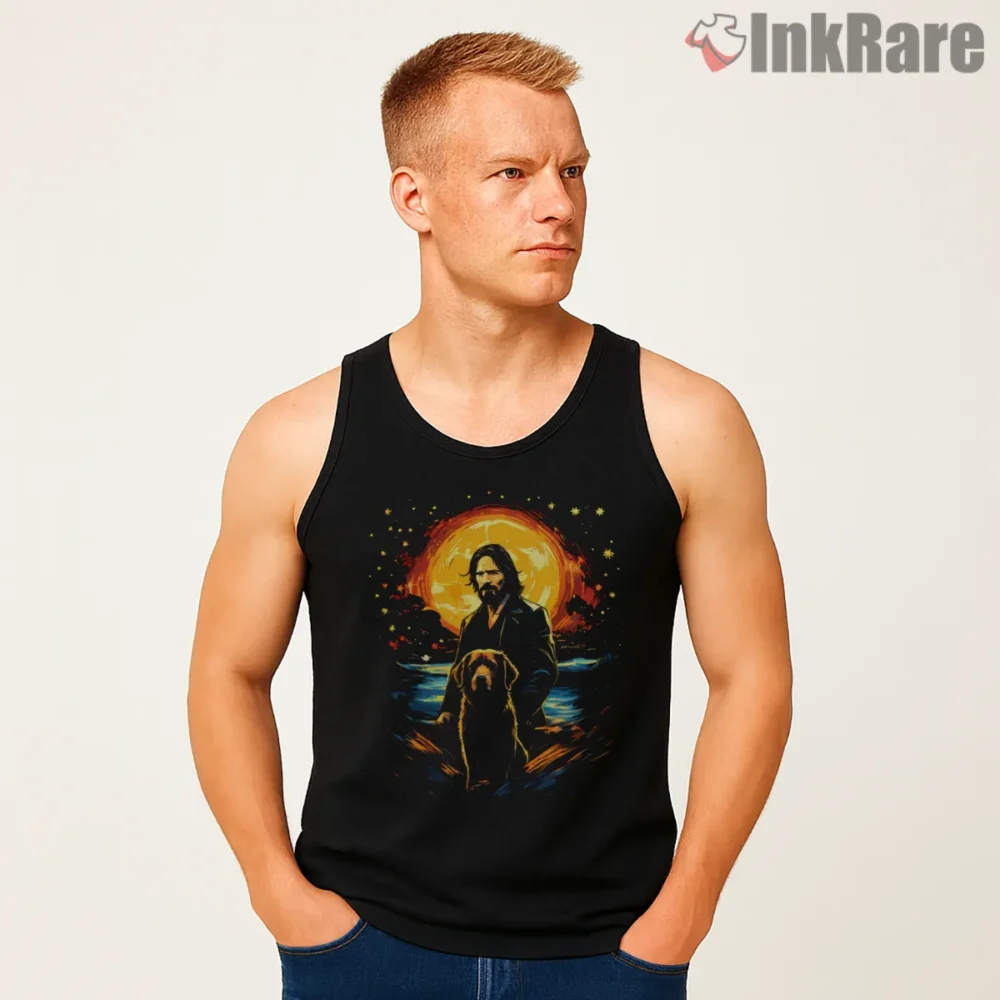 Van Gogh Style John Wick Sunset Dog Shirt on black tank top for men graphic tee