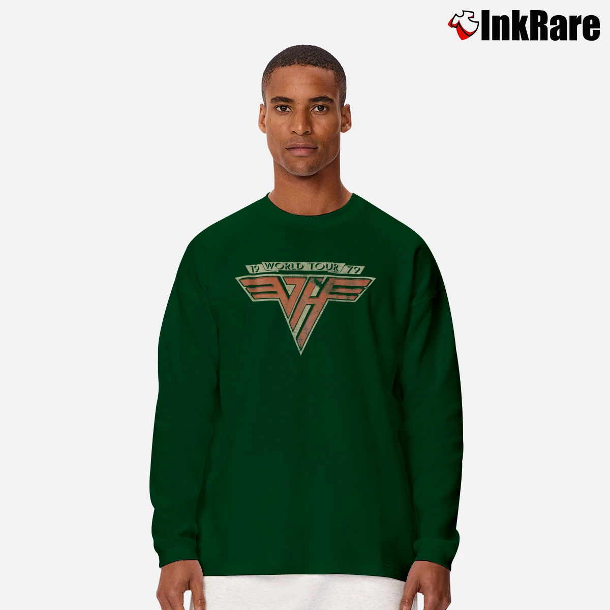 Men’s Van Halen 1979 World Tour Rock Band Long-Sleeve Shirt in forest green | Sleek, Lightweight, Year-Round Wear