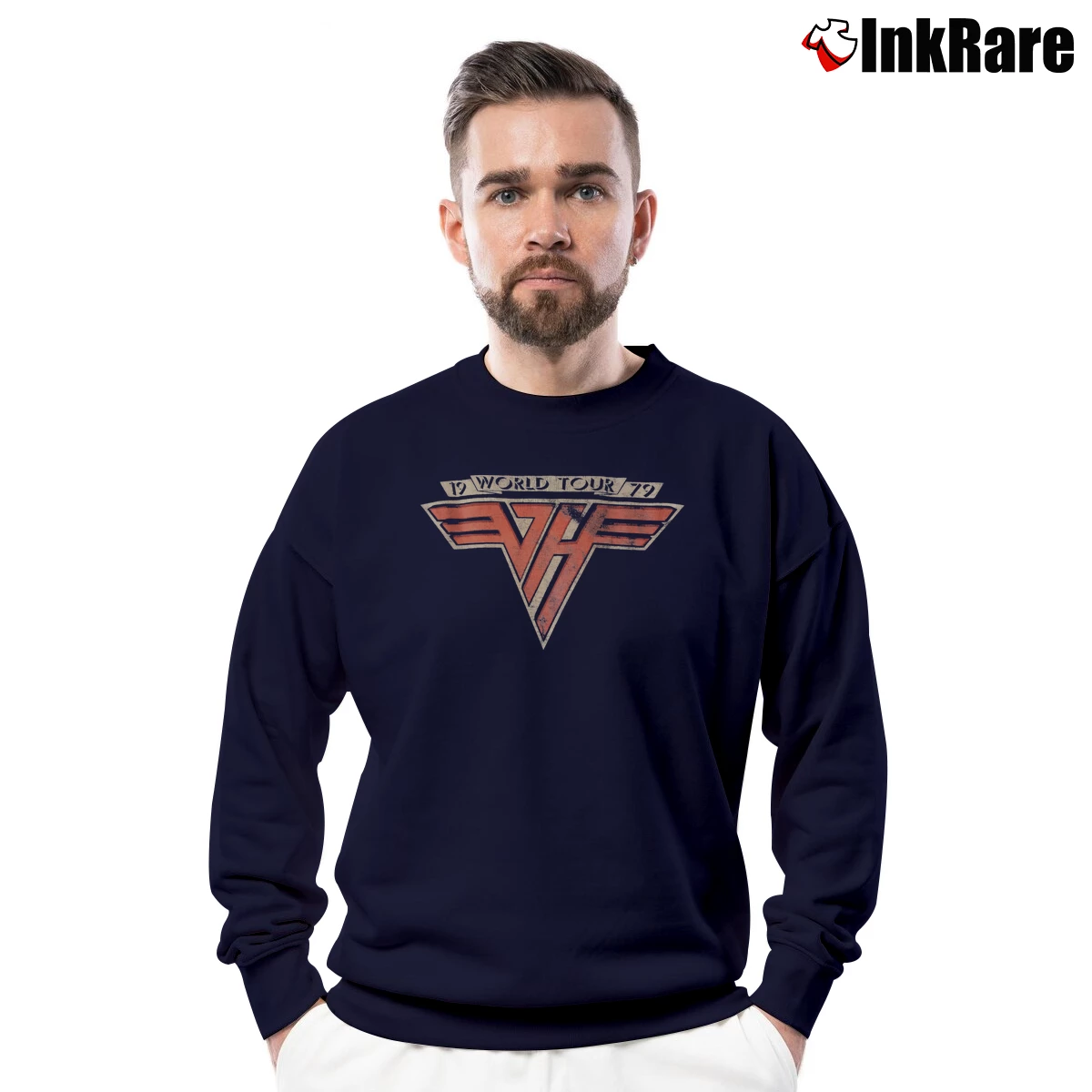 Men’s Van Halen 1979 World Tour Rock Band Crewneck Sweatshirt in navy | Cozy Fabric, Clean Style