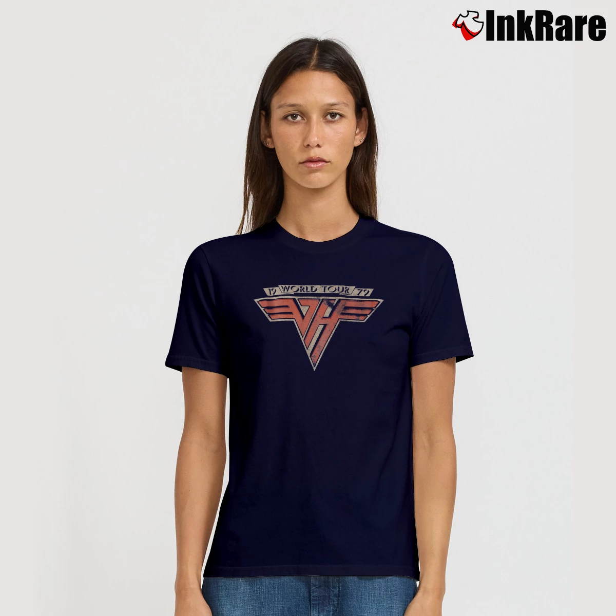 Women’s Van Halen 1979 World Tour Rock Band Signature T-Shirt in navy | Soft, Flattering Fit