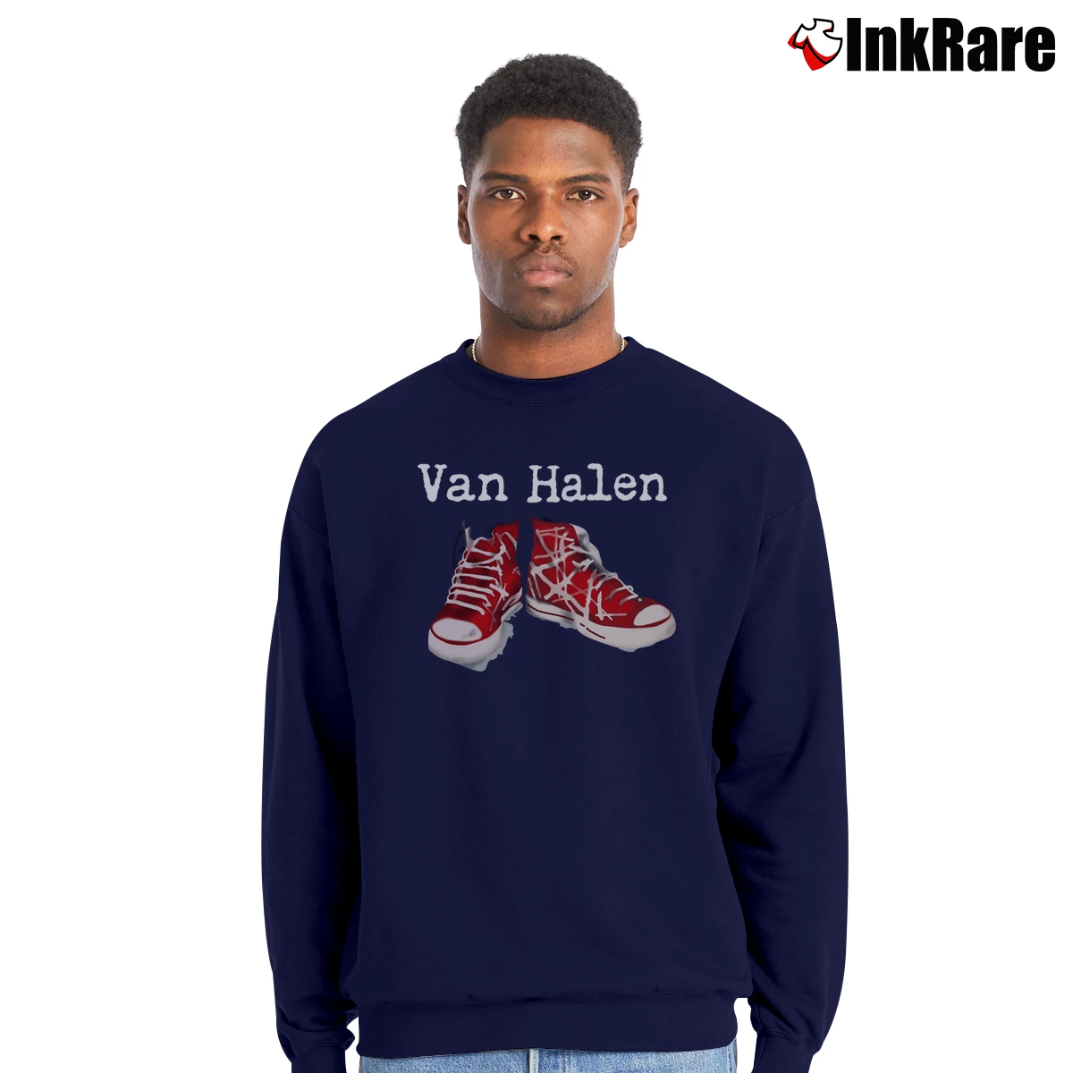 Men’s Van Halen 2014 Tour Red Triples Shoes Graphic Casual Crewneck Sweatshirt in navy | Cozy Fabric, Clean Style