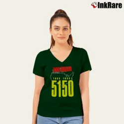 Women’s Van Halen 5150 Vintage Tour 1986 V-Neck Tee in forest green | Chic Neckline, Soft Texture