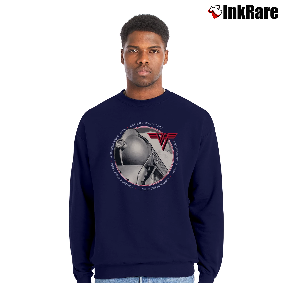 Men’s Van Halen A Different Kind Of Truth Album Cover Rock Band Crewneck Sweatshirt in navy | Cozy Fabric, Clean Style