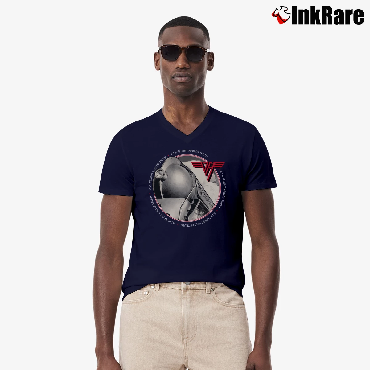 Men’s Van Halen A Different Kind Of Truth Album Cover Rock Band V-Neck Tee in navy | Sharp, Breathable, Everyday Staple