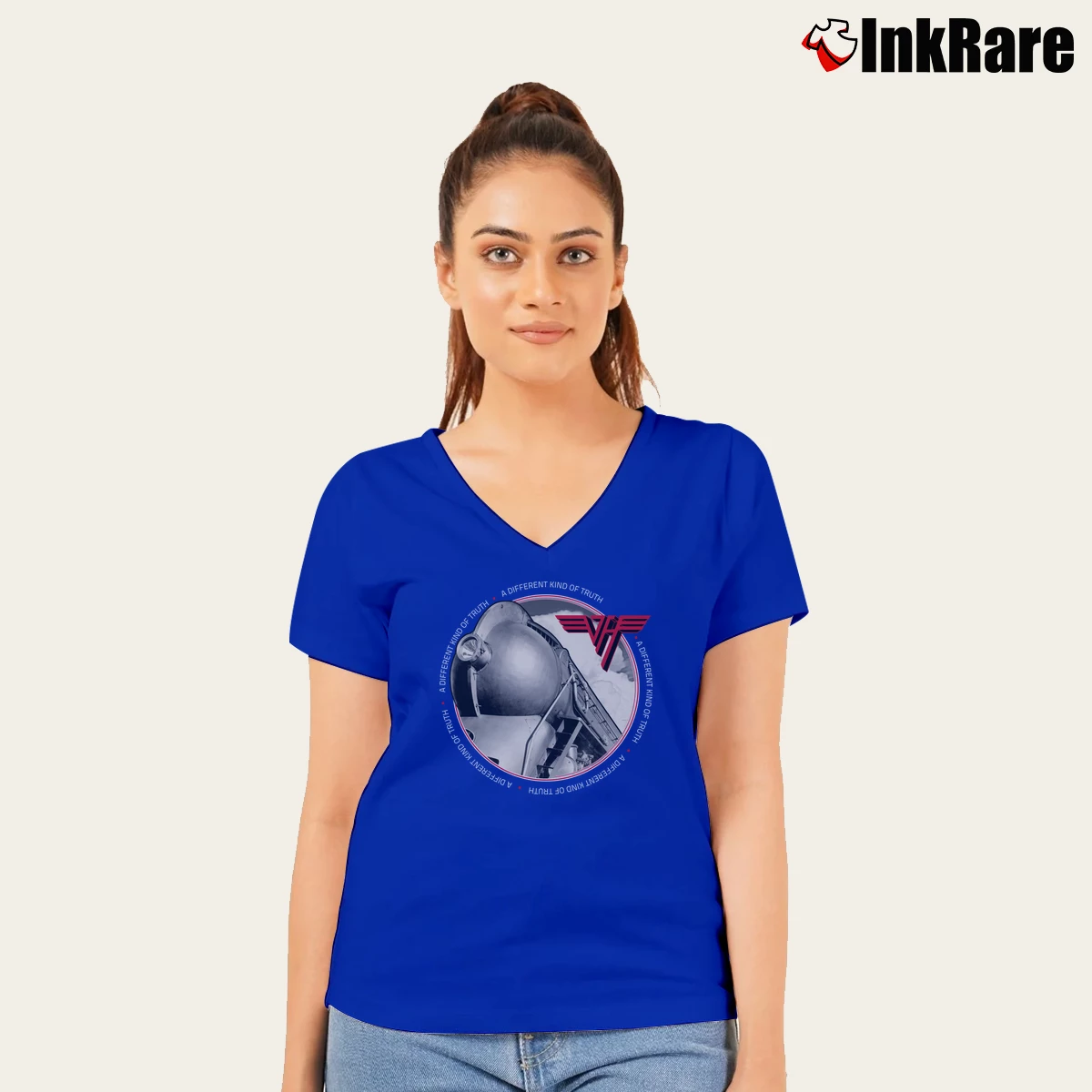 Women’s Van Halen A Different Kind Of Truth Album Cover Rock Band V-Neck Tee in royal blue | Chic Neckline, Soft Texture