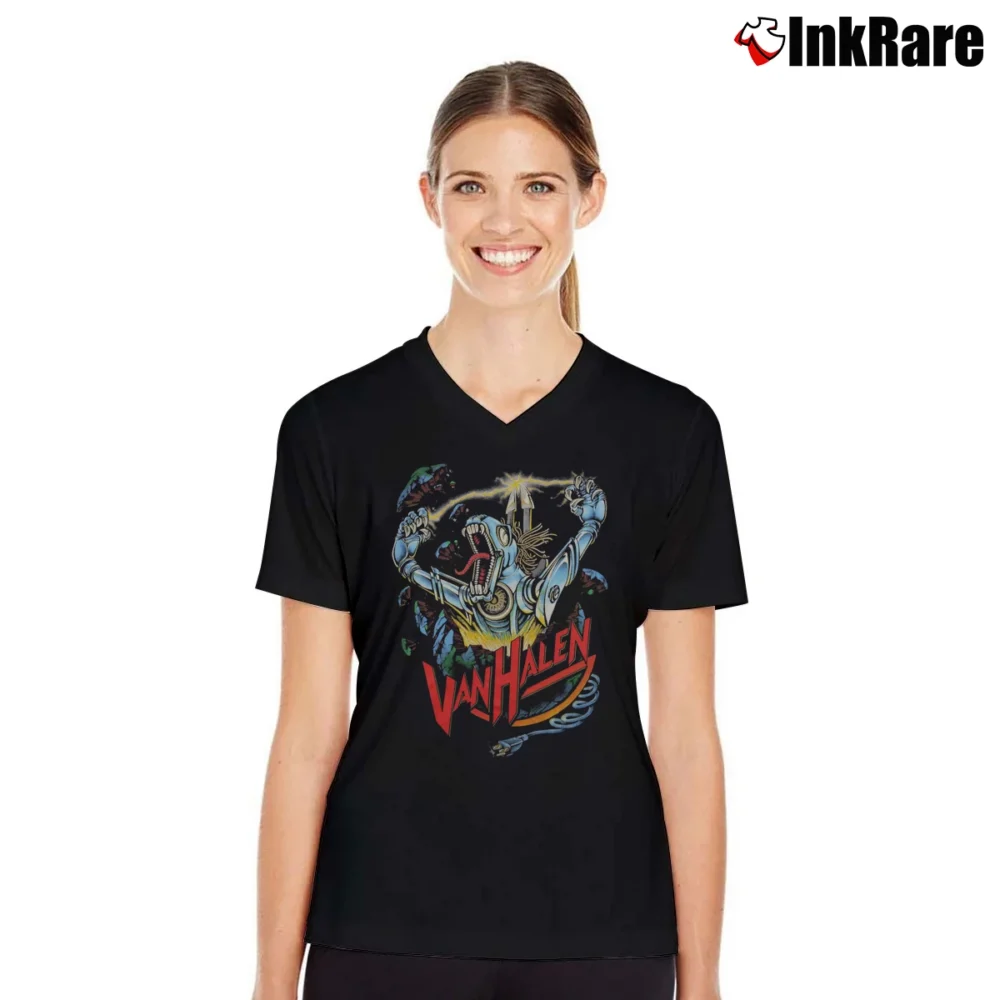 Women’s Van Halen Kicks Ass 80s Metal Beast V-Neck Tee in black | Chic Neckline, Soft Texture