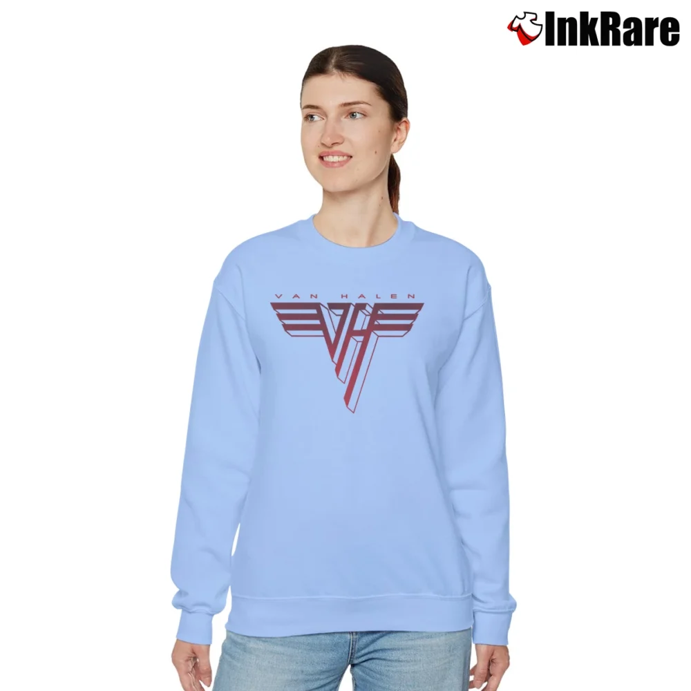 Women’s Van Halen Red White Logo Classic Rock Band Relaxed Sweatshirt in light blue | Soft, Laid-Back Vibe