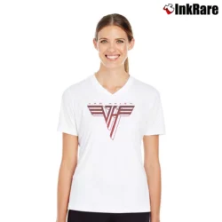 Women’s Van Halen Red White Logo Classic Rock Band V-Neck Tee in white | Chic Neckline, Soft Texture