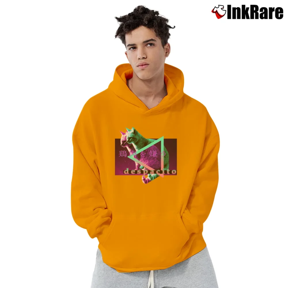 Men’s Vaporwave Cat Despacito Meme Aesthetic Funny Graphic Pullover Hoodie in orange | Cozy, Durable, Modern Fit