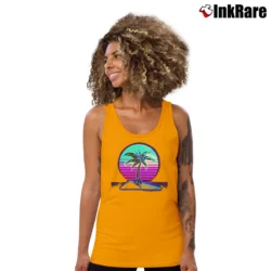 Women’s Vaporwave Summer Palm Tree Sunset Tank Top in orange | Lightweight, Movement-Friendly