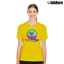 Women’s Vaporwave Summer Palm Tree Sunset V-Neck Tee in yellow | Chic Neckline, Soft Texture
