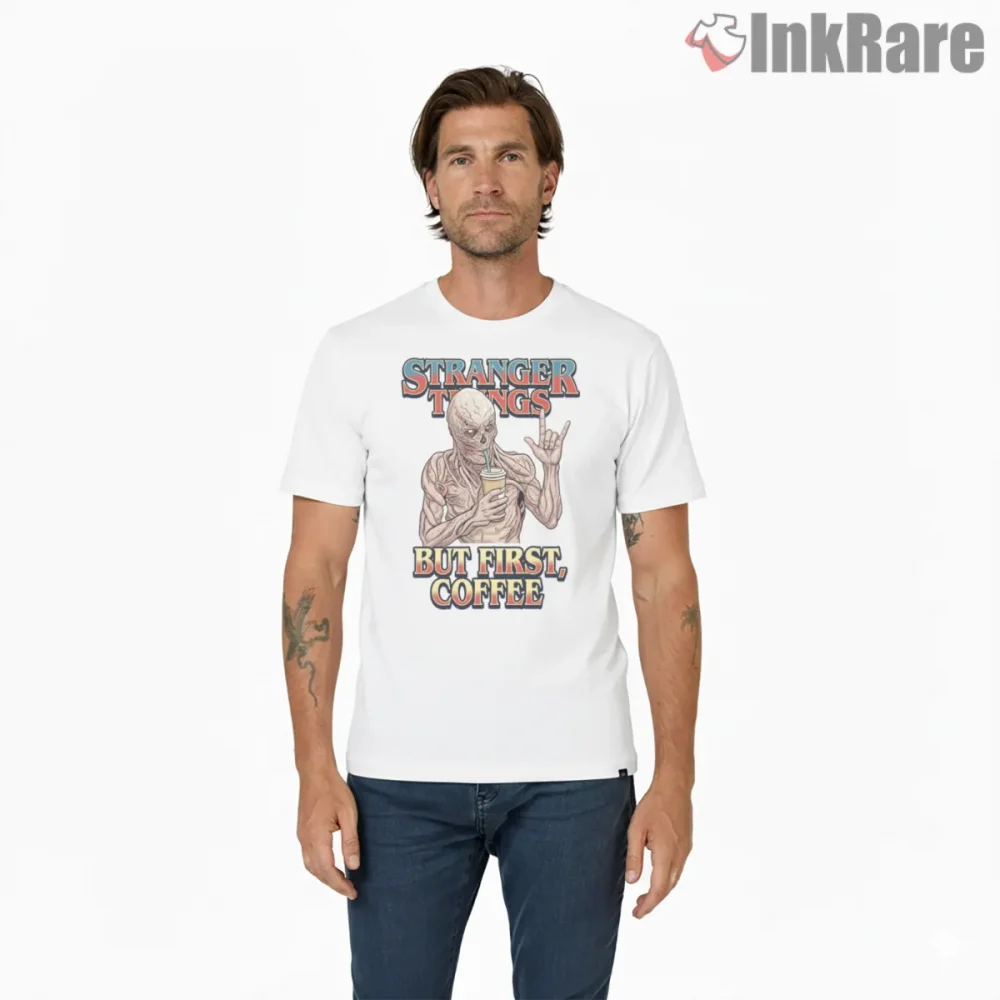 Vecna But First Coffee Meme Shirt on white short sleeve shirt for men graphic tee