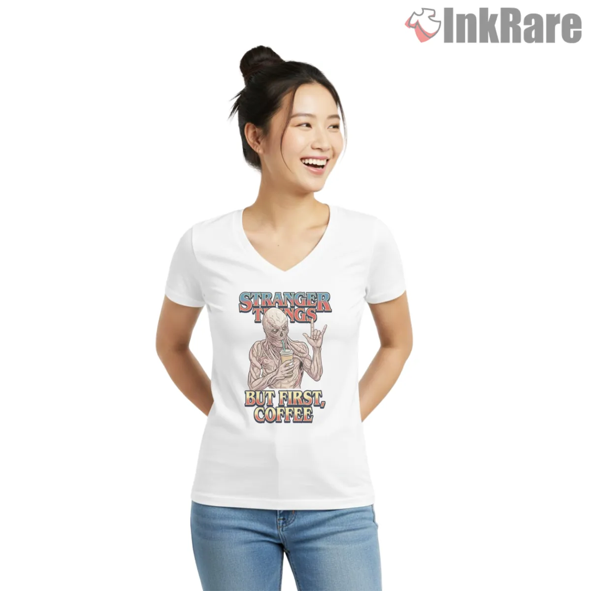 Vecna But First Coffee Meme Shirt on white v-neck shirt for women graphic tee