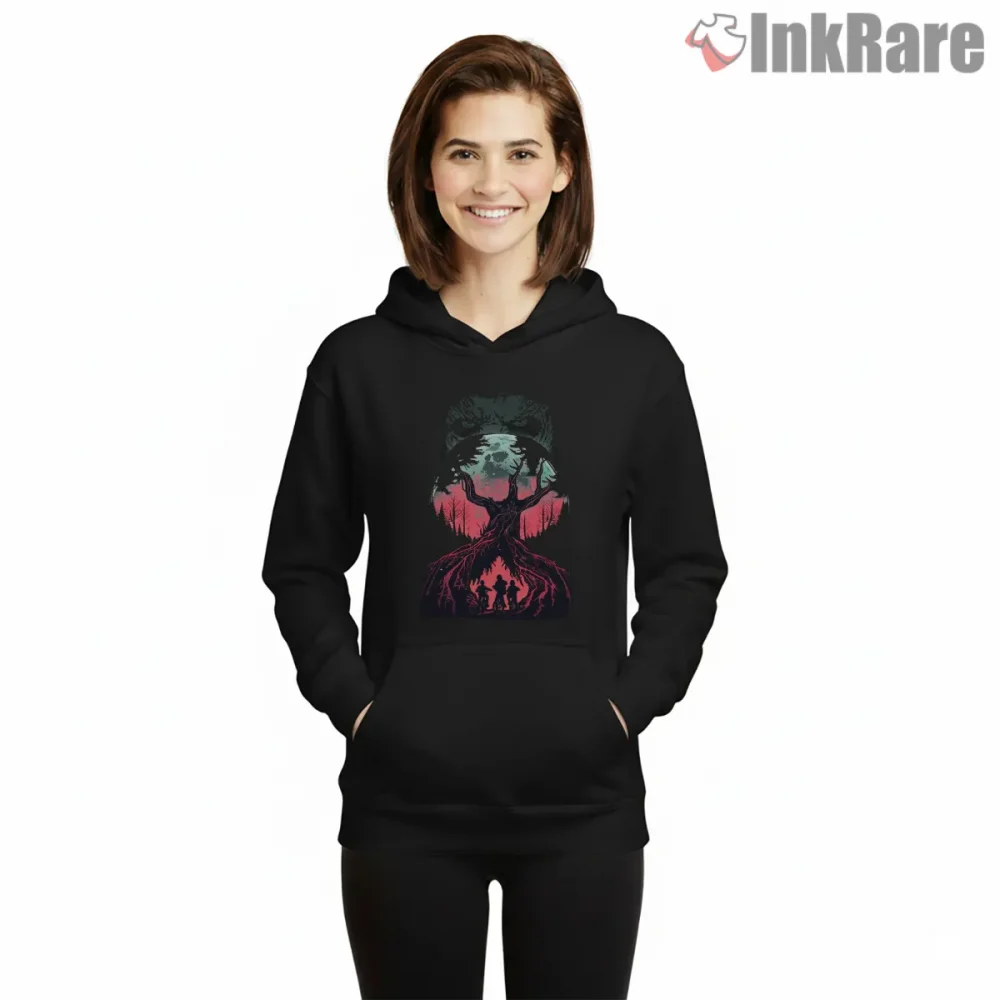 Vecna Is Watching You Dark Forest Horror Shirt on black hoodie for women graphic tee