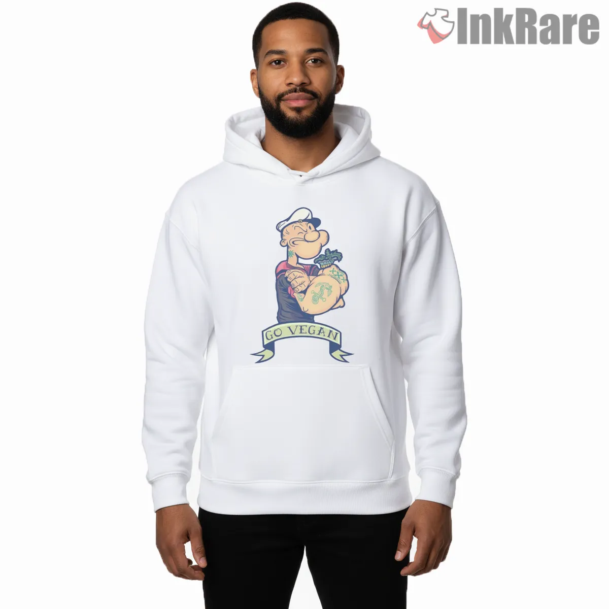 Vegan Popeye Go Vegan Spinach Strength Shirt on white hoodie for men graphic tee
