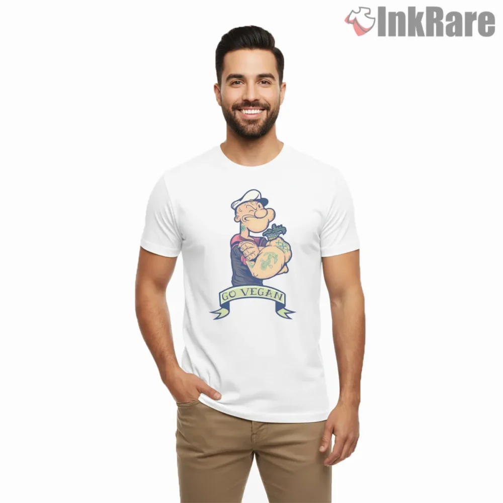 Vegan Popeye Go Vegan Spinach Strength Shirt on white short sleeve shirt for men graphic tee