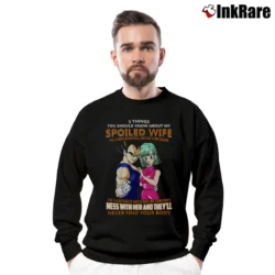 Men’s Vegeta And Bulma 3 Things You Should Know About My Wife Funny Dragon Ball Crewneck Sweatshirt in black | Cozy Fabric, Clean Style