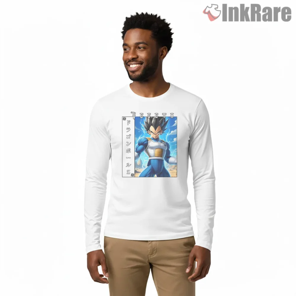 Vegeta Anime Martial Warrior Framed Poster Pose Shirt on white long sleeve shirt for men graphic tee