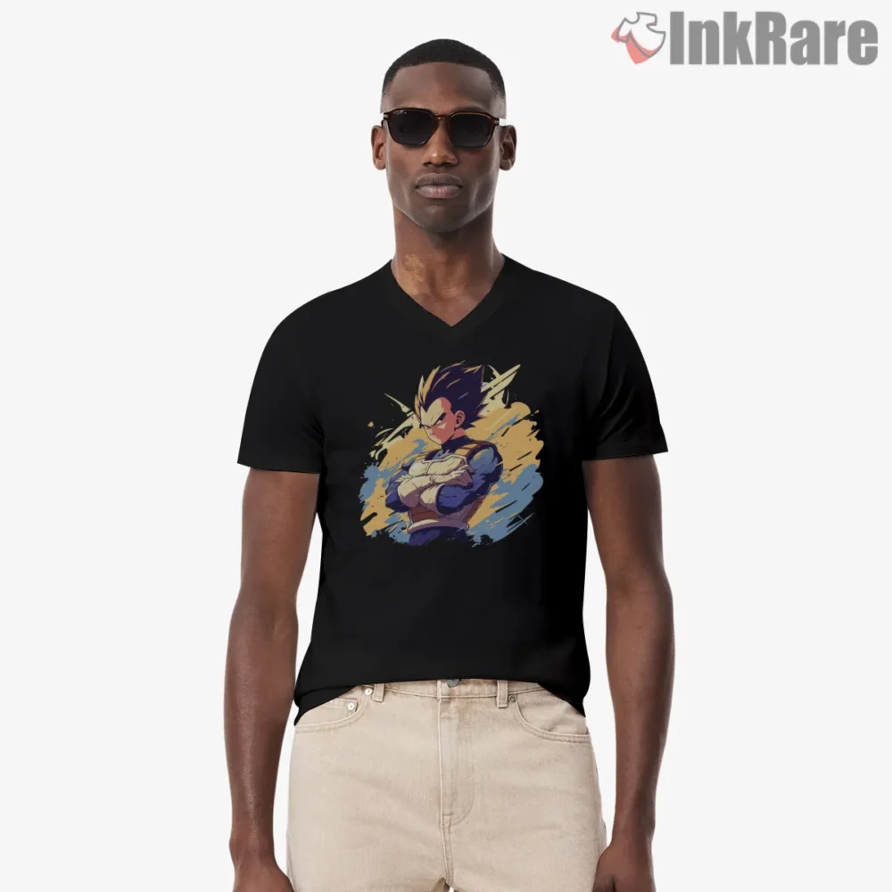 Vegeta Battle Worn Saiyan Pride Shirt on black v-neck shirt for men graphic tee