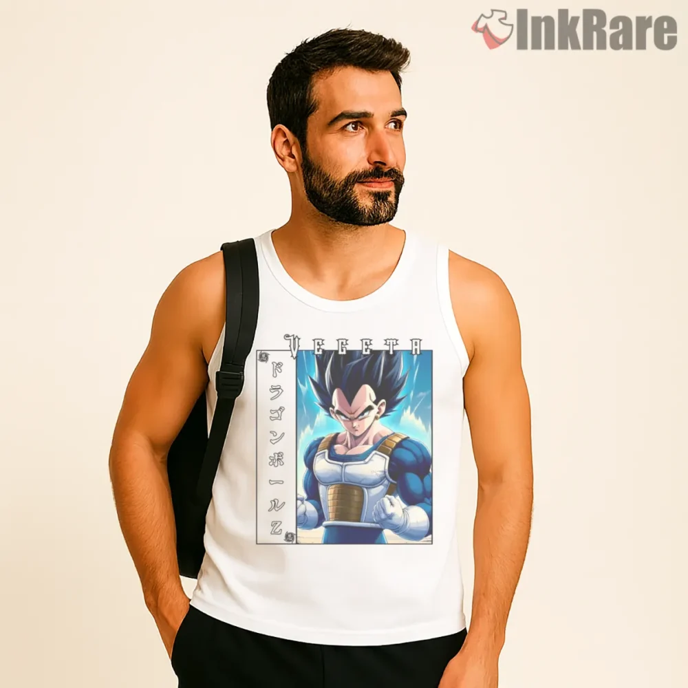 Vegeta Blue Armor Manga Frame Shirt on white tank top for men graphic tee