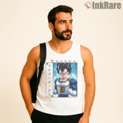 Vegeta Blue Armor Manga Frame Shirt on white tank top for men graphic tee