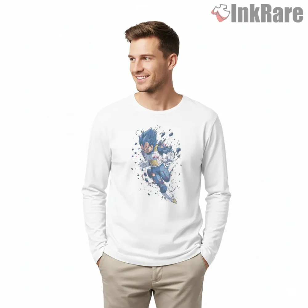 Vegeta Blue Aura Battle Splash Art Shirt on white long sleeve shirt for men graphic tee