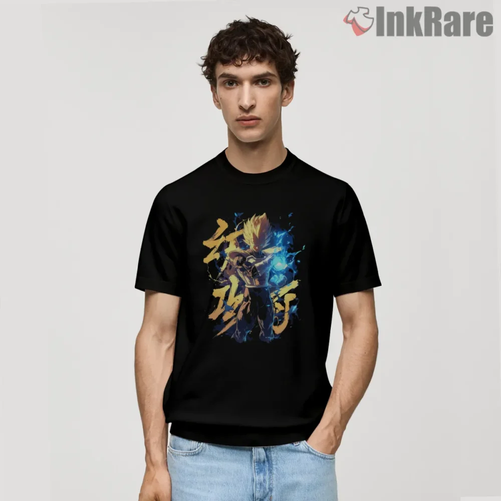 Vegeta Blue Energy Blast Brushstroke Shirt on black short sleeve shirt for men graphic tee