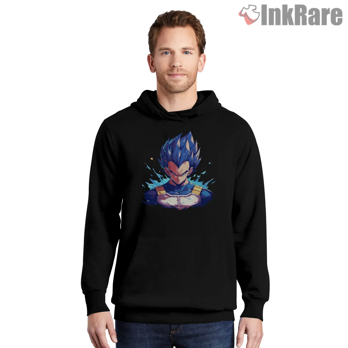 Vegeta Blue Flame Portrait Focus Shirt on black hoodie for men graphic tee