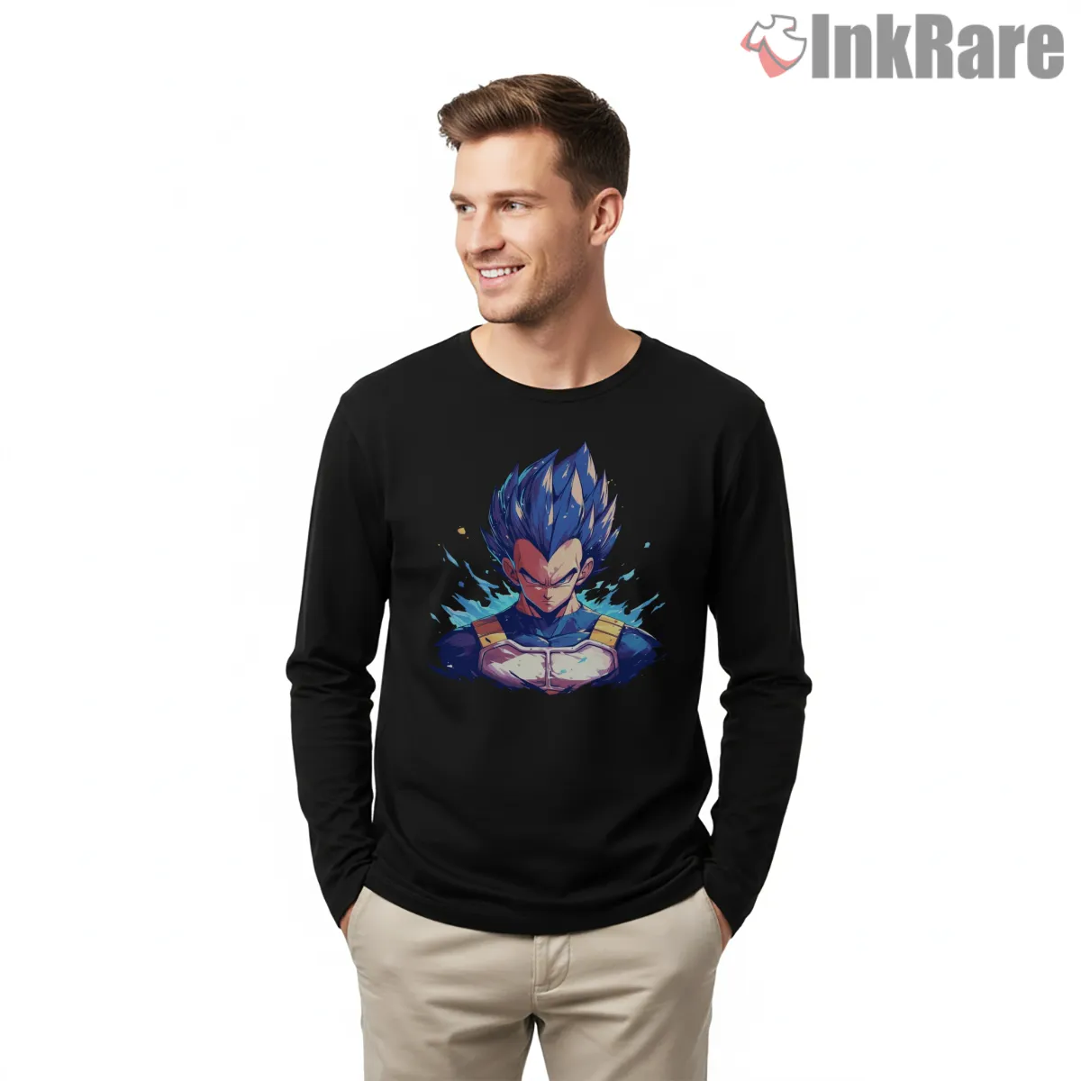 Vegeta Blue Flame Portrait Focus Long Sleeve Black Vegeta Blue Flame Portrait Focus Shirt on black long sleeve shirt for men graphic tee