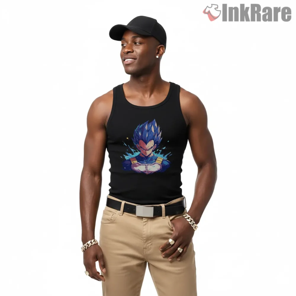 Vegeta Blue Flame Portrait Focus Shirt on black tank top for men graphic tee