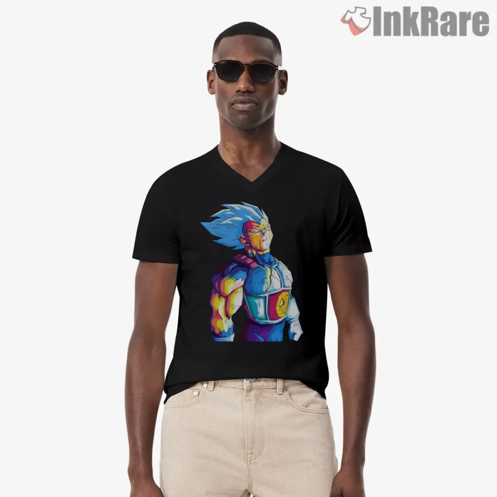 Vegeta Blue Hair Neon Pop Portrait Shirt on black v-neck shirt for men graphic tee