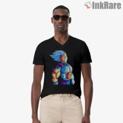 Vegeta Blue Hair Neon Pop Portrait Shirt on black v-neck shirt for men graphic tee