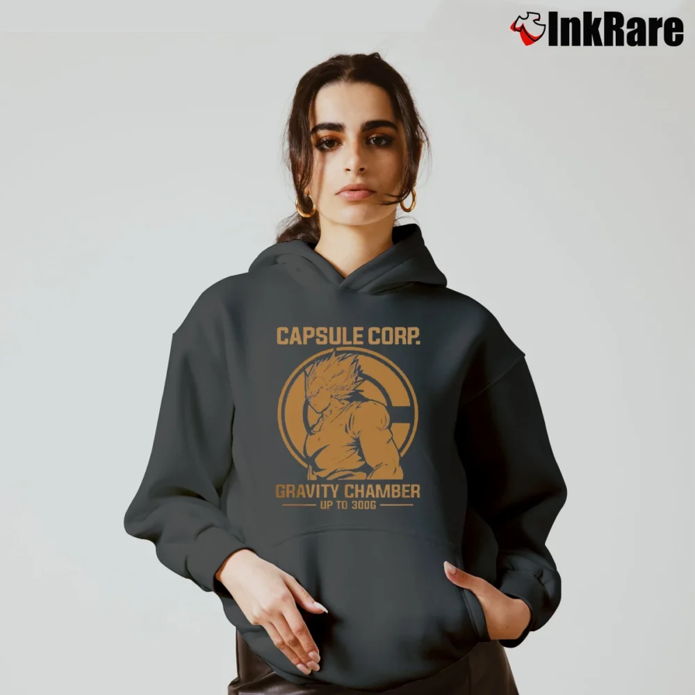 Women’s Vegeta Capsule Corp Gravity Chamber Up To 300G Dragon Ball Z Cozy Hoodie in charcoal | Warm, Structured, Stylish