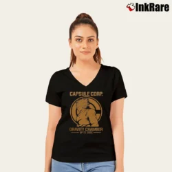 Women’s Vegeta Capsule Corp Gravity Chamber Up To 300G Dragon Ball Z V-Neck Tee in black | Chic Neckline, Soft Texture