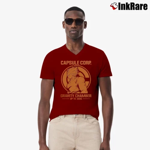 Vegeta Capsule Corp Gravity Chamber Up To 300G Dragon Ball Z Men’s V-Neck Tee in maroon – Modern Essential Men’s Vegeta Capsule Corp Gravity Chamber Up To 300G Dragon Ball Z V-Neck Tee in maroon | Sharp, Breathable, Everyday Staple