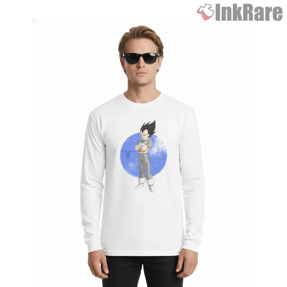 Vegeta Casual Blue Halo Portrait Shirt on white long sleeve shirt for men graphic tee
